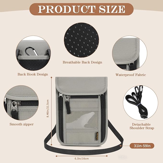 Passport Holder for Travel, Neck Pouch Travel Wallet With RFID Blocking, Waterproof Lightweight Passport Wallet for Women and Men (Gray)