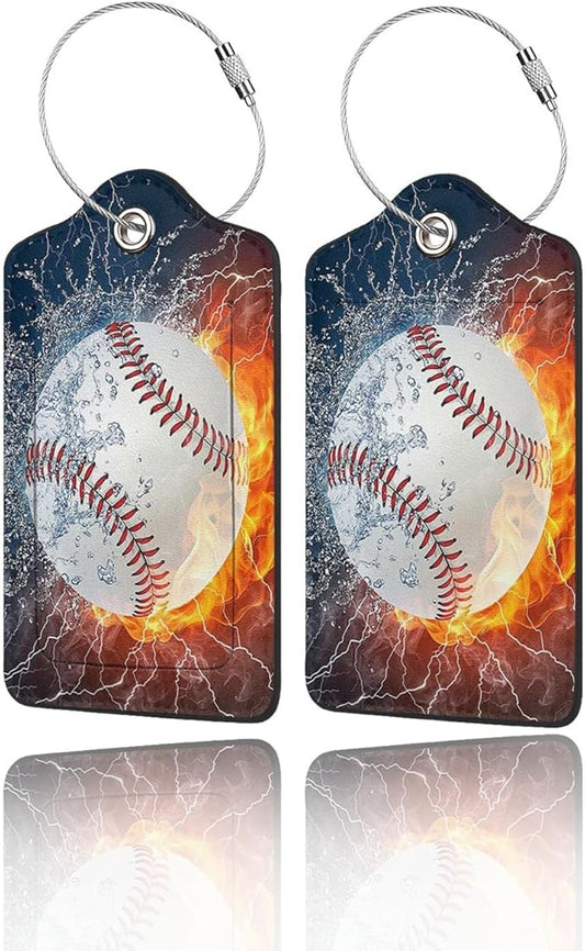2 Pack Luggage Tags for Suitcase, Privacy Cover ID Label with Stainless Steel and Address Card for Travel Bag Backpack Cruise Ship Essentials Tag Men Boys - Cool Ice Fire Baseball
