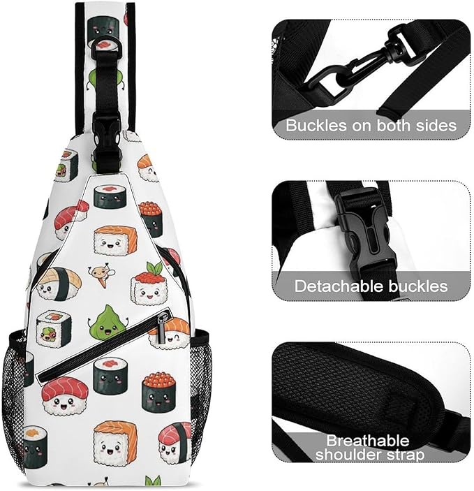 SWEET TANG Cute Sling Shoulder Backpacks Kawaii Food Theme Japanese Sushi Bags Chest Sack, Anti Theft Crossbody Rucksack for Hiking Traveling Sports, Multipurpose Daypacks for Men Women