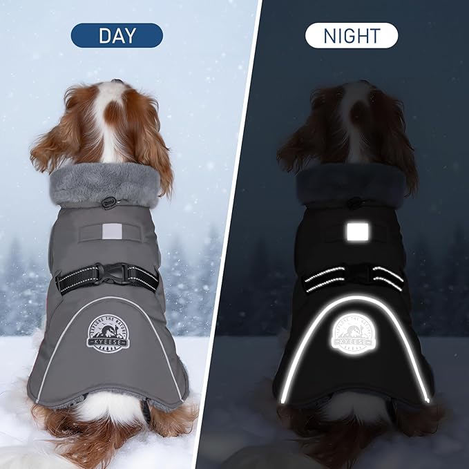 KYEESE Waterproof Dog Coat, Windproof Pet Jacket with Thick Fleece Lining, Extra Warm High Collar Dog Coats for Medium to Large Dogs with Leash Hole and Reflective Strips, Gray, XX-Large
