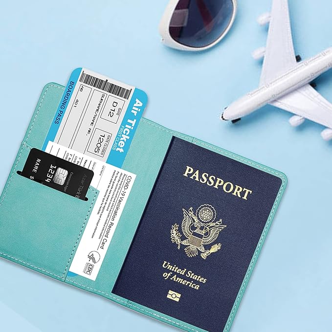 Deziliao Passport Holder,Passport Holder Card Slots, Passport and Vaccine Card Holder Combo, Cute Passport cover for Women and Men, with Waterproof Rfid Blocking, Passport Travel Wallet(Aqua Green)