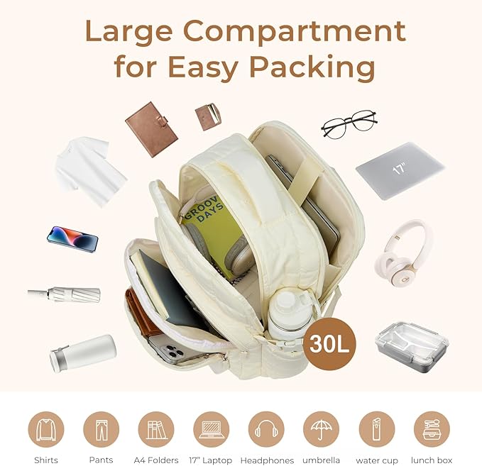 CLUCI Wrinkle-Resistant Laptop Backpack for Women, 17.3 Inch Anti Theft Travel Backpack, Puffer Quilted Work Backpack, Water Resistant College Bookbag with RFID