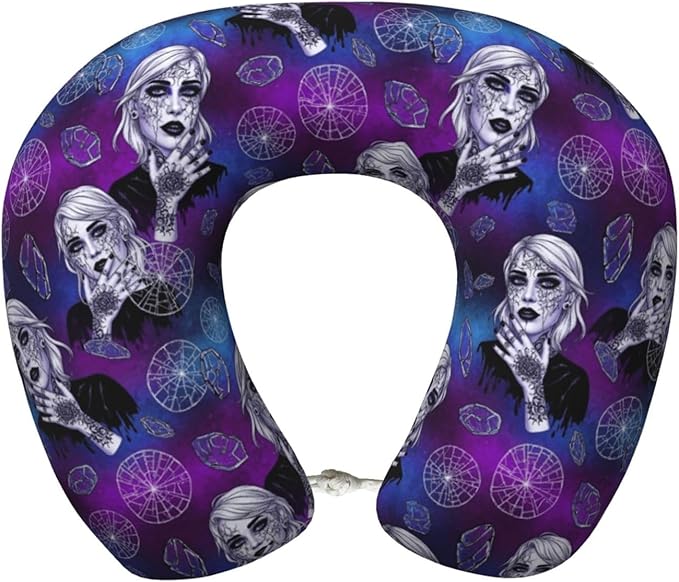 Travel Neck Pillow for Pain Relief Sleeping, Goth Gothic Women Girl Art, Comfortable Memory Foam Chin Head Cushion Support with Zip Cover, Fashion Car Flight Pillows