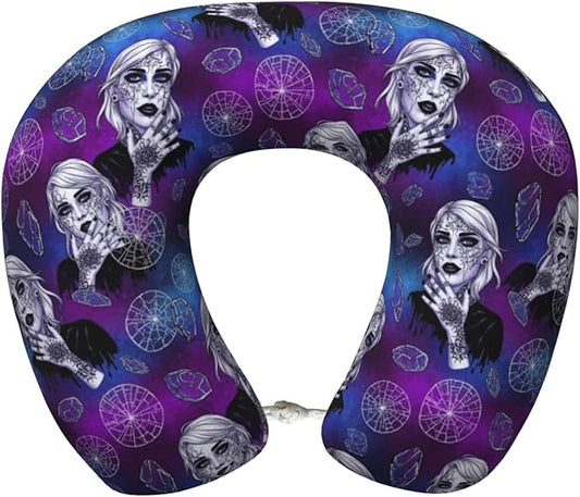 Travel Neck Pillow for Pain Relief Sleeping, Goth Gothic Women Girl Art, Comfortable Memory Foam Chin Head Cushion Support with Zip Cover, Fashion Car Flight Pillows