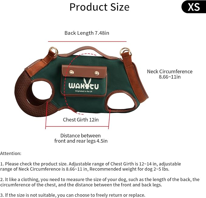 Wakytu Dog Lift Harness Dog Carrier Dog VES Harness Adjustable Dog Leash with Small Puppy Treat Bag（Green,XS）