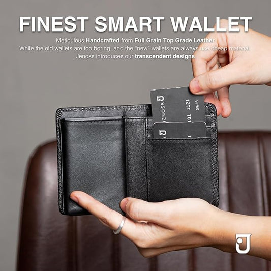 Vincenzo Smart Wallet For Men: Full Grain Leather, Handcrafted, Slide Metal Pop Up Case, Slim RFID Blocking Credit Card Holder, Minimalist, Compact, Front Pocket - 8-12 Organizers | Money Clip (Black)