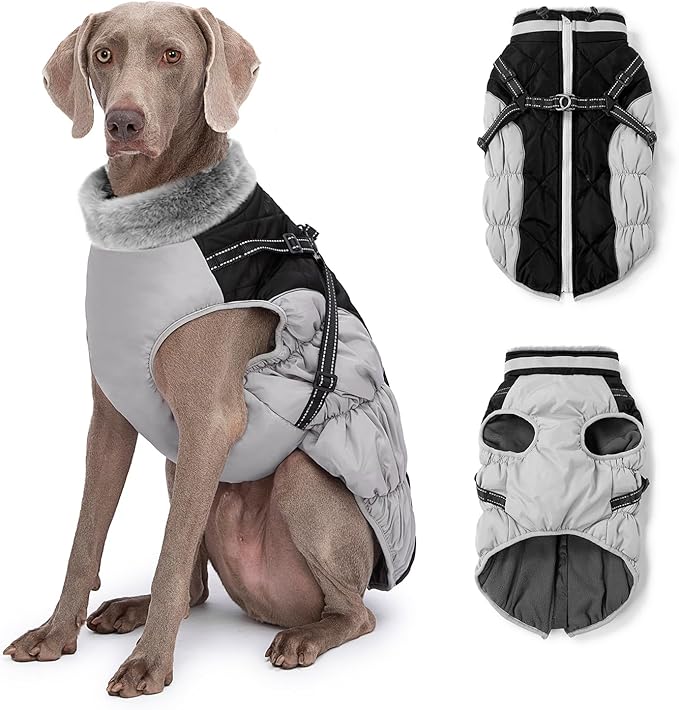 Abuandi Dog Winter Coat with Harness, Dog Jacket, Pet Clothes with Zipper on Back, Waterproof Windproof Warm Vest, Reflective Cold Weather Coats, for Small Medium Large Dogs, Thick, Black, 2XL