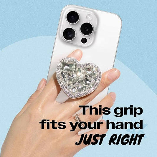 OnTheGrip Cute Cubic Diamond Heart Shape Design Collapsible Expandible Mobile Phone Grip Stand Holder for Smartphone Tablet Cell Phone Accessory (Silver Small)