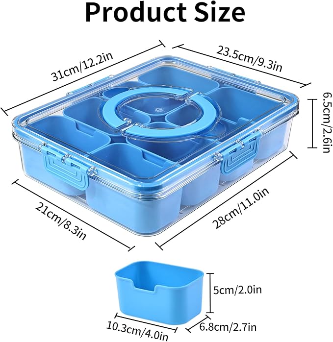 Yuroochii Snackle Box Container, Portable Snack Box 8 Compartment Divided Serving Tray with Lid & Handle, Clear Snack Charcuterie Platter for Travel Candy Party Fruit Salad (Blue)