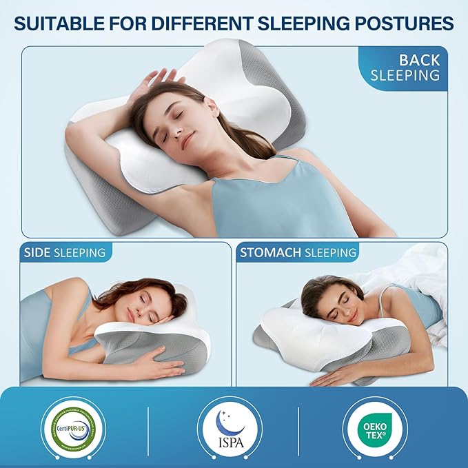 Effective Pain Relief Cervical Neck Pillow for Sleeping, Memory Foam Pillows for Neck Support, Odorless Contour Side Pillow, Ergonomic Bed Pillow for Back Stomach Sleeper (Gray)