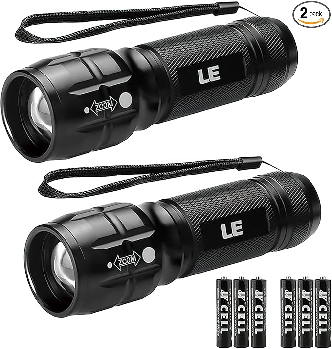Lighting EVER LED Flashlights High Lumens, Small Flashlight, Waterproof, Adjustable Focus Flash Light for Outdoor, Emergency, Camping, AAA Batteries Included, 2 Pack