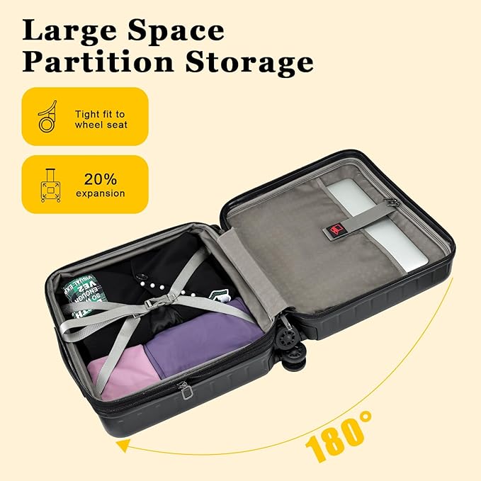 16 Inch Carry On Luggage Airline Approved, Expandable Lightweight ABS+PC Hard Shell Suitcases with 360° Spinner Wheels, TSA Lock, YKK Zippers (Black)
