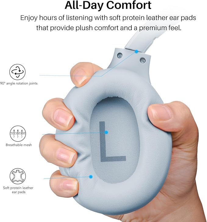 TOZO HT3 Hybrid Noise Cancelling Headphones, 90H Playtime Wireless Over Ear Bluetooth Headset, Spatial Audio AI Chat with 5 Mics, Supports Dual Connection and USB-C Input, with 32 EQ Music Modes