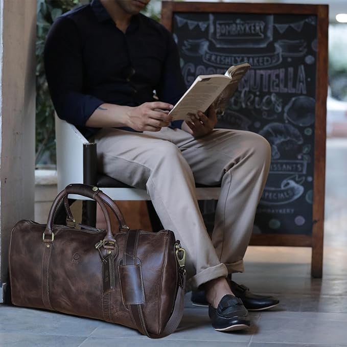 Leather Duffle Bag for Men - Full Grain Leather Travel Bag - TSA Approved Carry On Weekender Overnight Duffel Bag (20 inch)