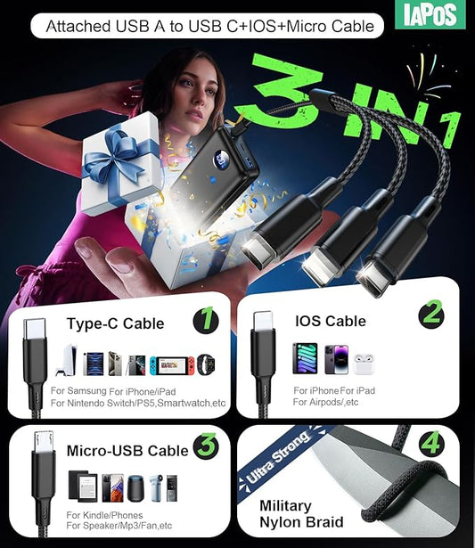 Portable Charger Power Bank - 60,000mAh Battery Pack, 22.5W Fast Charging Phone Charger Attached USB-C/iOS/Micro-USB Cable, Powerbank for iPhone 17 16 15 14 13 Samsung, for Travel Camping Essentials