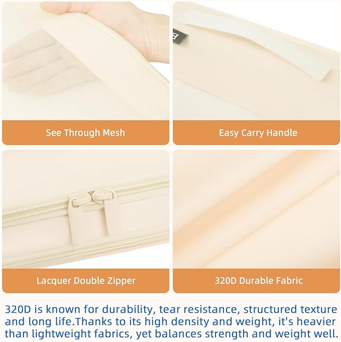 BAGAIL 4 Set/6 Set/8 Set Compression Packing Cubes Travel Accessories Expandable Packing Organizers (Square Mesh, 06-Beige)