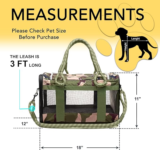 FLUFFY COMMUTE™ TSA Airline Approved Dog Carrier | Soft-Sided | Fits Small Dogs & Pets Up to 15 lbs & 17” Long × 11” Tall | Camo w/Green Handle