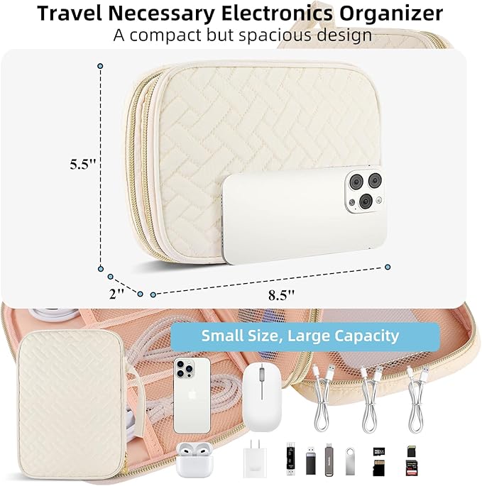 Electronics Organizer Travel Case, Charger Bag Cord Organizer Travel, Compact Tech Pouch Cable Organizer Bag for Charger, Cords, Phone, Headphones, Flash Drive, SD Card (Beige, Small-Double Layer)
