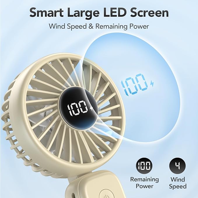 PANERGY Portable Handheld Fan, 5000mAh Rechargeable, 14H Max Cooling Time, 4 Gear Wind & LED Display, 90° Foldable Design, 3-IN-1 Mini Fan for Travel Working Concerts Makeup - Beige