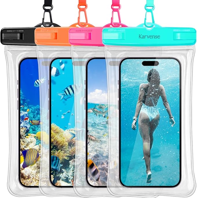 Waterproof Phone Pouch/Case Floating, Water Proof Phone Pouch for iPhone & Samsung Galaxy, IPX8 Phone Water Protector Pouch for Travel, Vacation, Beach, Pool, Cruise Essentials- 4 Pack