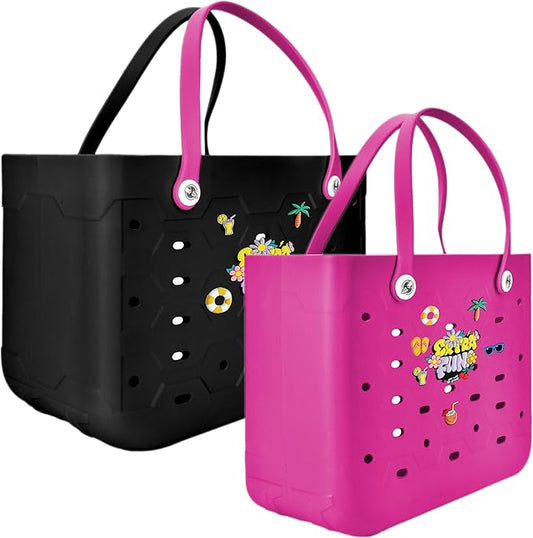 2-Piece Tote Bag Set, Waterproof Rubber Beach Bag with Summer Pattern, Medium & Large Handbag for Pool, Beach, Boat
