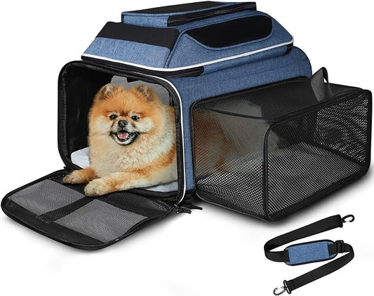 Petskd Top and Side Expandable Pet Carrier 17x11x9.5 Inches Alaska Airline Approved, Soft-Sided Carrier for Small Cats and Dogs with Locking Safety Zippers and Anti-Scratch Mesh(Blue)