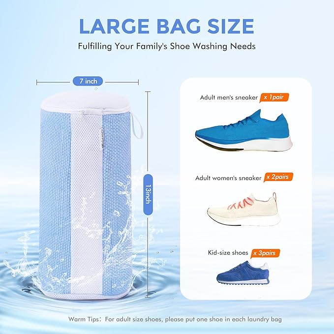 Shoe Washing Machine Bag 2Pcs - Reusable Laundry Bags for Washer & Dryer, 360° Deep Clean & Large Size Plush Fibers for Sneakers, Tennis Shoes, Kids Footwear, Durable Invisible Zipper (Blue)