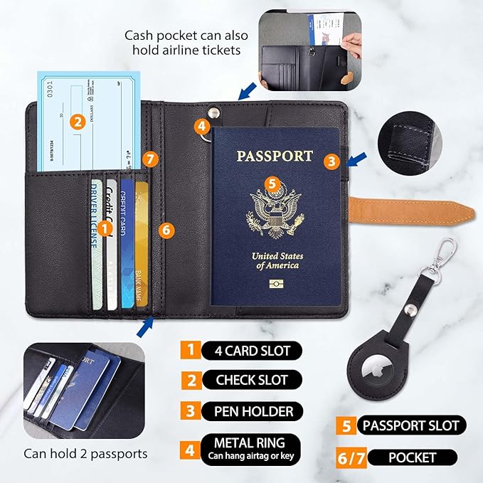 Deziliao Passport wallets, Mulit-purpose RFID Blocking Passport Holder AirTag Wallet, Travel Wallet（Black）