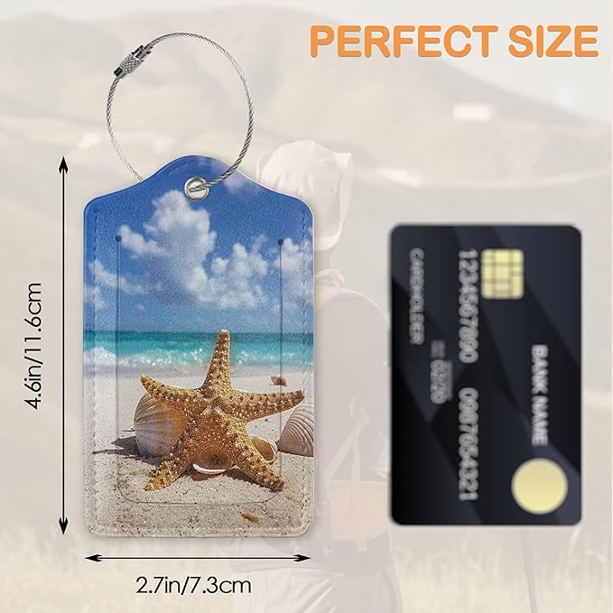 Starfish on Sunny Beach 3 PCS PU Leather Luggage Tags for Suitcase, Luggage Tag with Privacy Flap, Name ID Label and Metal Loop for Women Men Baggage Handbag School Bag Backpack