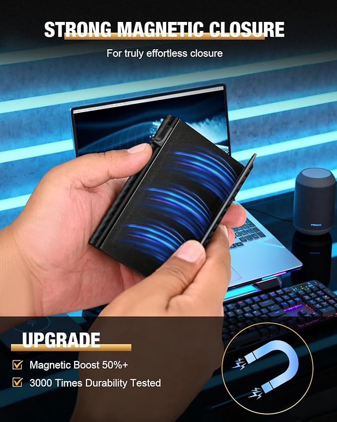 Mens Wallet Card Holder - Pop Up Aluminum Case, Flexible Carbon Fiber Leather, Smart Wallet for Men, RFID Blocking, Slim, Minimalist, Front Pocket - 9-14 Card Capacity | ID Window | Cash Slot