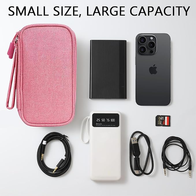 Portable Waterproof Double Layers Travel Cable Organizer Pouch Electronic Accessories Carry Case All-in-One Storage Bag for Cord, Charger, Phone, Earphone, Pink