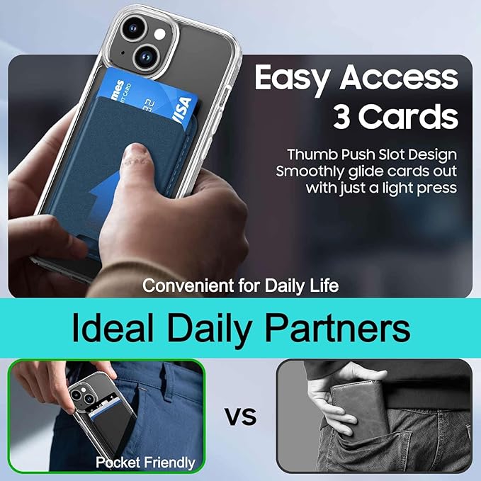 Ntwinro Magnetic for iPhone 15 Clear Case (Compatible with MagSafe) with Blue Detachable Wallet & Card Holder for 3 Cards [RFID Blocking] Military Grade Protective Slim Phone Cover