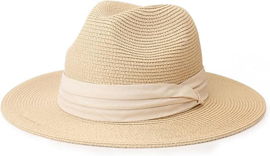 DRESHOW Women Straw Panama Hat Travel Fedora Beach Sun Hat Summer Wide Brim Straw Roll up Hat UPF 50+