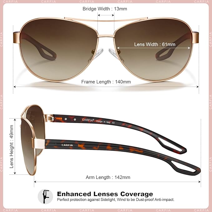 CARFIA Polarized Sunglasses for Women UV Protection Ultra-Lightweight Comfort Metal Frame Driving Glasses CA3210