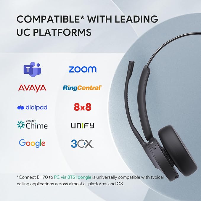 Yealink BH70 Mono Wireless Bluetooth Headset with Microphone for Work, up to 35h Talking Battery Life, 3-Mic Noise Cancellation, 91g Lightweight Microsoft Teams Certified Work Headsets for PC