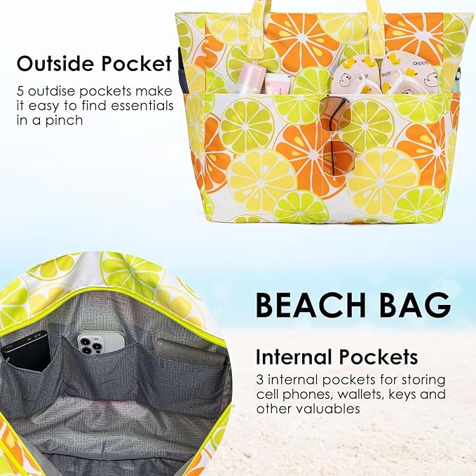 KABAQOO Extra Large Beach Bag Waterproof Sandproof Women Beach Tote with Zipper & Wet Compartment for Pool Gym Grocery Travel