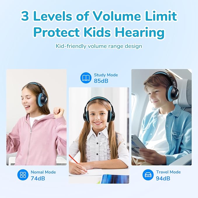 EarFun K4 Kids Bluetooth Headphones, Wireless Headphones with LED Lights, 74/85/94dBA Volume Limited, Built-in Mic, 90H Playtime, Bluetooth 5.4 Over Ear Headphone for iPad/Tablet/School, Dark Black