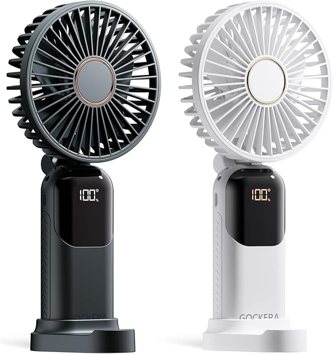Portable Fan, 4200mAh Battery Operated Fan, 5 Speeds&Digital Display, Makeup Fans for Women with Base, 180°Foldable 3in1 Handheld/Neck/Desk Fan for Outdoor Indoor,Ultra Quiet (Black white)