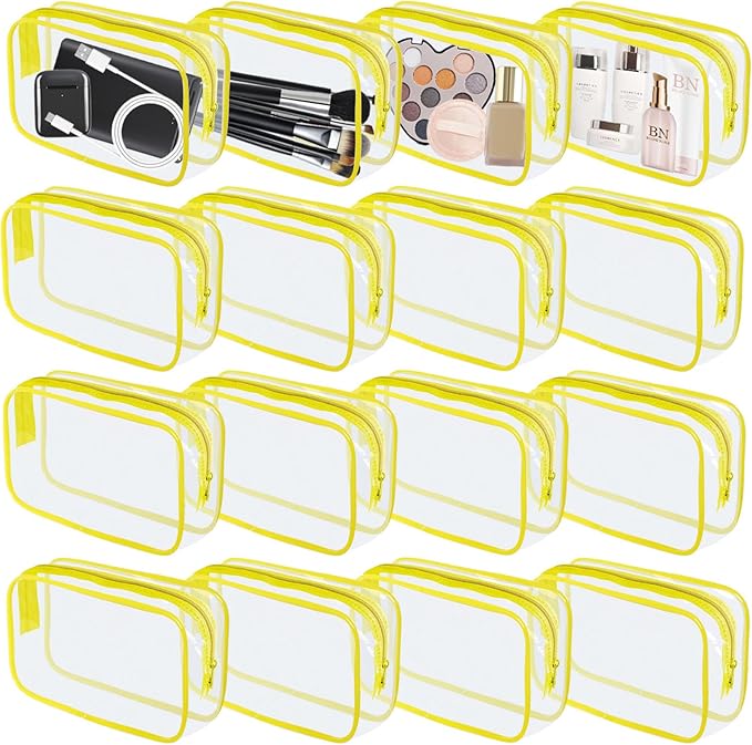 16 Pieces Clear Makeup Bag PVC Zippered Clear Toiletry Carry Pouch Portable Cosmetics Bag Waterproof Makeup Bag Vinyl Plastic Organizer Case for Travel Vacation Bathroom (Yellow-M)