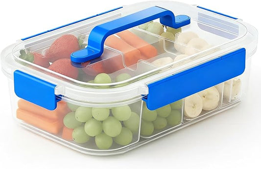Li & Zhao Snackle Box Container - 4-Compartment Divided Snack Serving Tray with Silicone Handle, Perfect for Picnics, Leak-Proof, and Dishwasher-Safe Dressing Containers(Blue)
