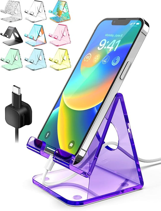 TOPGO Acrylic Cell Phone Stand, Clear phone Holder for Office Desk, Vanity, Kitchen Counter, Bedside Table, Compatible with iPhone 17 16 15 14 13 12 Pro Max Plus/Smartphones/iPad/Switc(Crystal Purple)