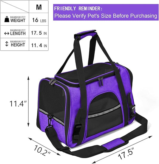 Dog Cat Carrier Soft for Small Pet Up to 16 Lbs TSA Airline Approved Travel Carrier Collapsible Puppy Car Mesh Bag 17.5 * 10.2 * 11.4 inch - Purple