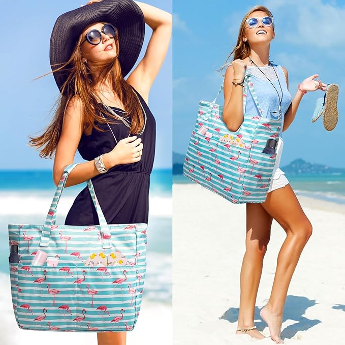 KABAQOO Extra Large Beach Bag Waterproof Sandproof Women Beach Tote with Zipper & Wet Compartment for Pool Gym Grocery Travel
