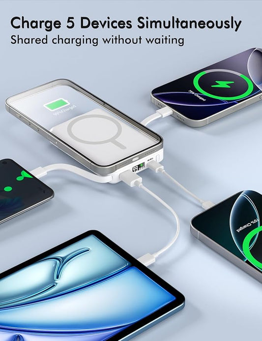 podoru for Magsafe Battery Pack, 10000mAh Magnetic Power Bank Built-in Double USB C Cables 22.5W PD Fast Charging LED Display Wireless Portable Charger for iPhone 17/16/15/14/13/12 Series-White