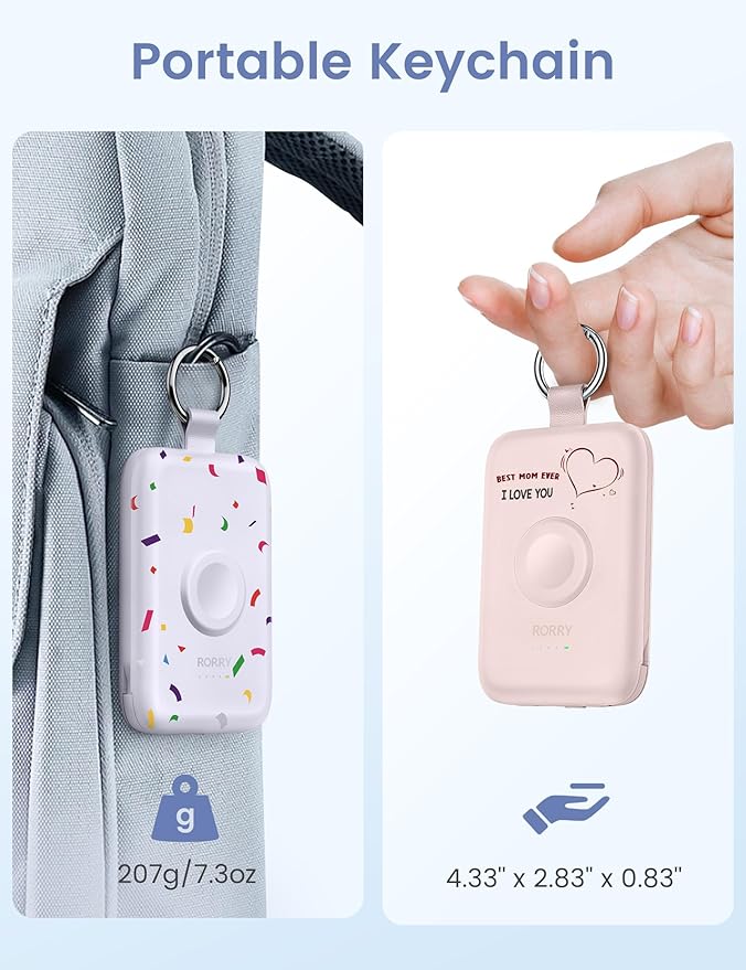 RORRY Portable Charger, 10000mAh PD 20W Fast Charging Portable Charger Power Bank with Built in Cables, Travel Battery Pack for iPhone 17/16/15/14/13/12 and Apple Watch Ultra/11/10/9/8/7/6/5, Mom-Pink