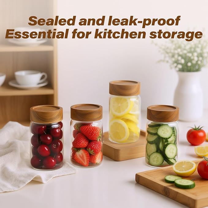 Zoaiirte 6-Pack 10 oz Airtight Food-Grade Glass Mason Jars with Acacia Wood Lids - Sealable, Waterproof & Stackable Canister Set for Overnight Oats, Dry Goods, Baking Supplies & Pantry Organization