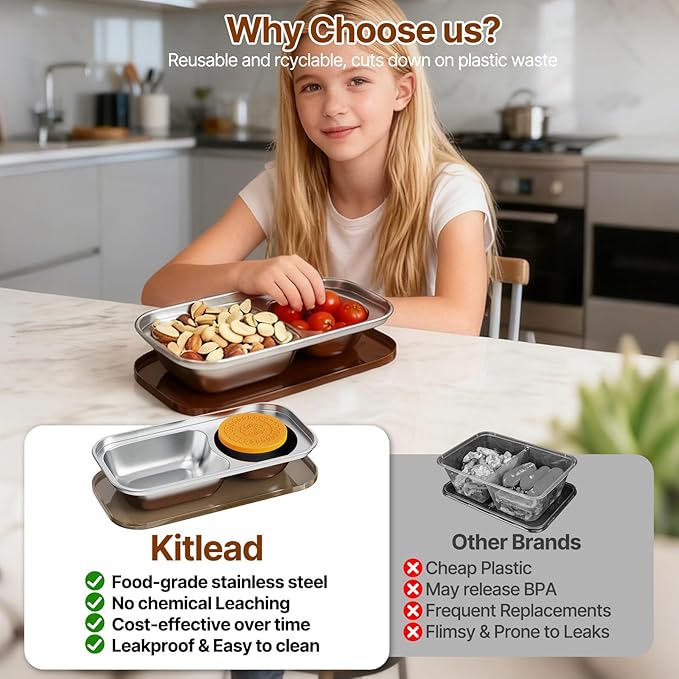 Kitlead 2 Compartment Grab and Go Snack Containers Reusable,Stainless Steel Snack Containers with Lid for Travel, Outdoor Camping and Daily Use (Set of 4)