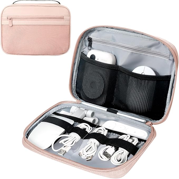 Electronics Organizer Bag, Portable Cable Organizer Case Travel Electronic Accessories Storage Case - Travel storage bag for Cables, Chargers, Phone, SD Cards - Pink