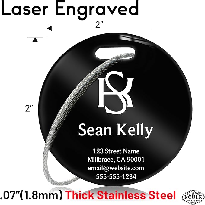 Personalized Luggage Tags for Suitcases - Stainless Steel Custom Luggage Tags for Backpacks & Bags, Sturdy, Waterproof & Heavy Duty (Black/Round)