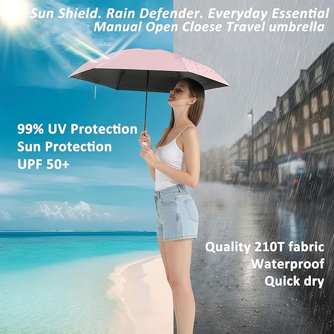 BAODINI Travel Mini Umbrella for Purse With Case Small Compact UV Sun Protection Sun Lightweight Tiny Pocket Manual Open Close Umbrella for Women Kids and Men